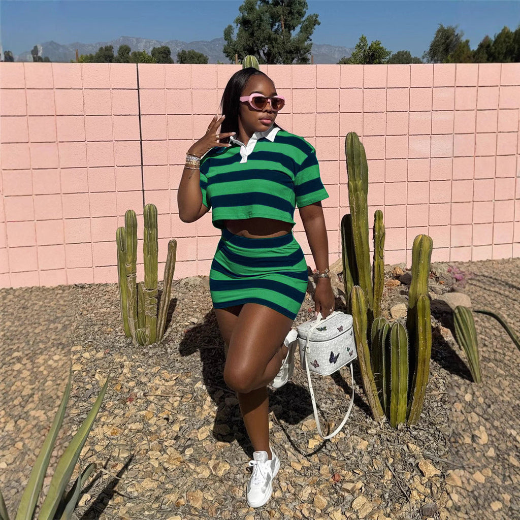 Women's Cropped Striped Shirt Collar Suit