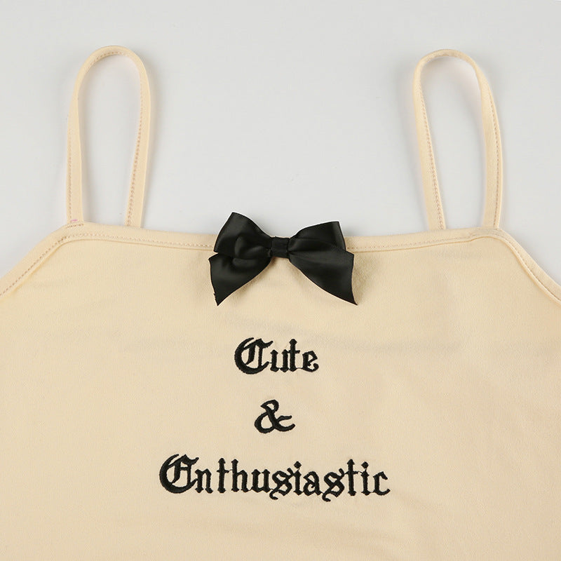 Hottie Bow Stitching Letter Embroidered Strap Slim Top