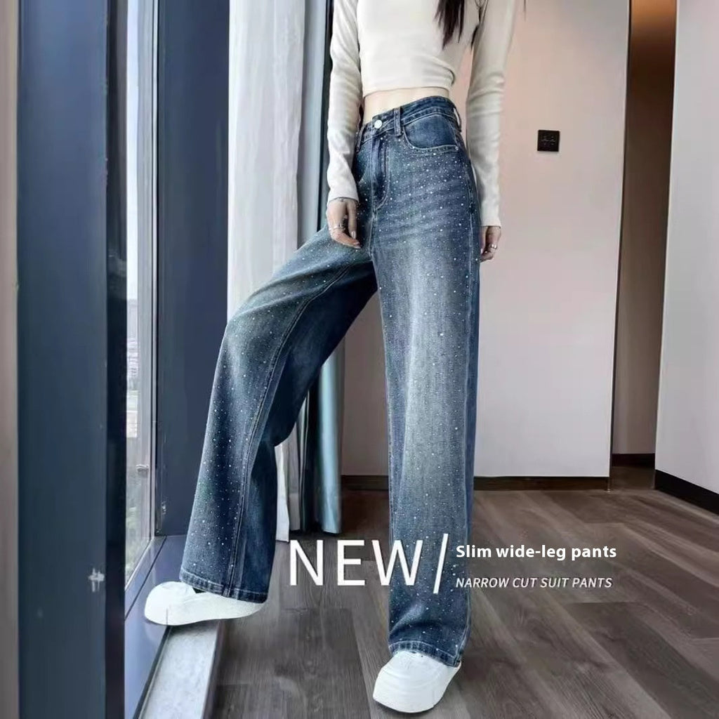 Rhinestone High Waist Narrow Wide Leg Jeans