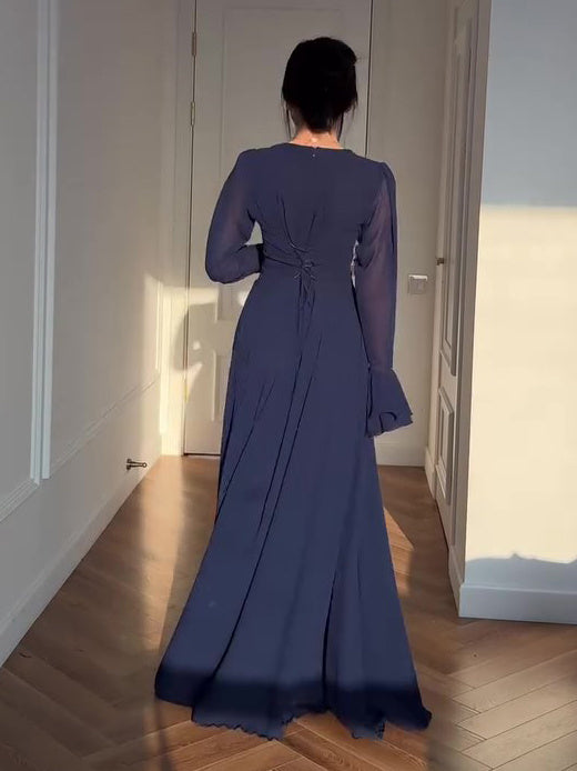 Navy Blue Trumpet Sleeve Tie Maxi Dress