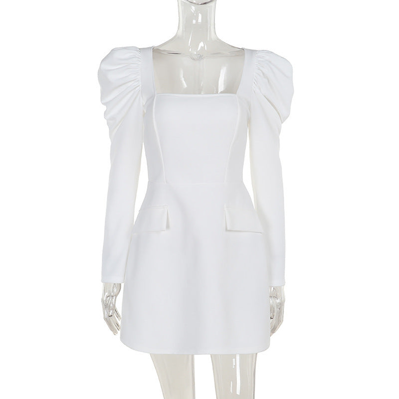 Fashionable Elegant Slim Fit Gigot Sleeve Square Collar Dress