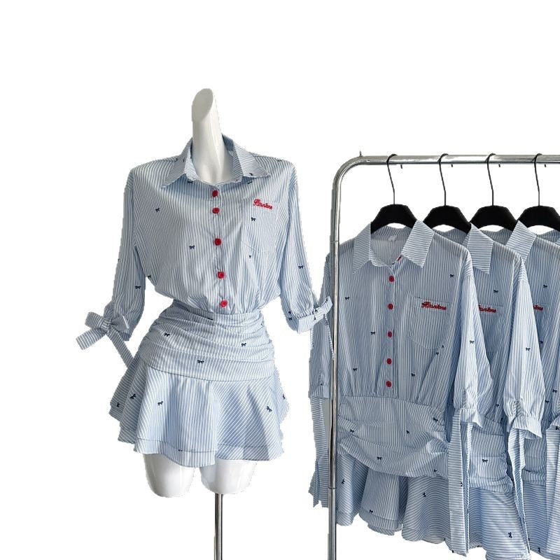Half-sleeved And Waisted Shirt Dress Blue And White Striped Dress Ruffles