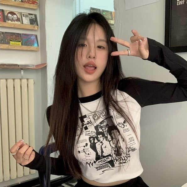 Stitching Contrast Color Cotton Printed Short Top Tight-Fitting Long-Sleeved T-shirt Women Grunge Clothes