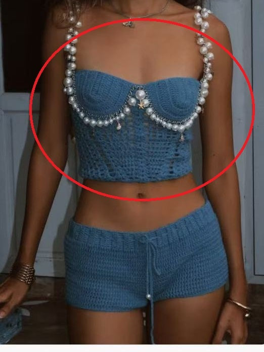 Sexy Solid Color Crop-top Spaghetti-strap Beading Top