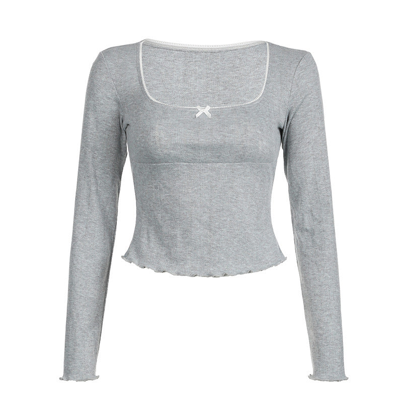 Solid Color Square Collar Women's Long-sleeved T-shirt Bow Top