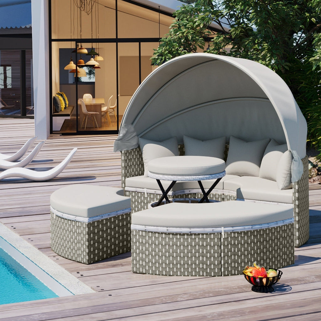Patio Furniture Round Outdoor Sectional Sofa Set Rattan Daybed Two-Tone Weave Sunbed With Ret