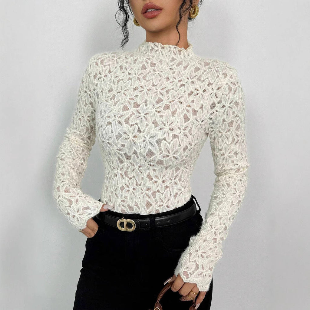 Ladies Wooden Ear Half Turtleneck Lace Slim T-shirt