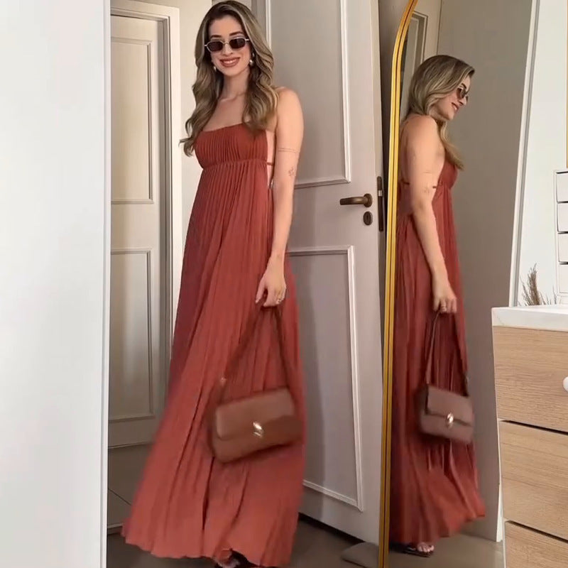 Vacation Spaghetti Straps Pleated Dress