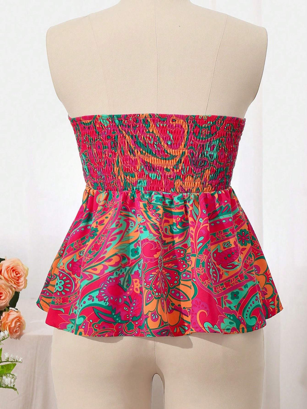 Strapless Cinched Waist Ruffle Hem Floral Printed Top