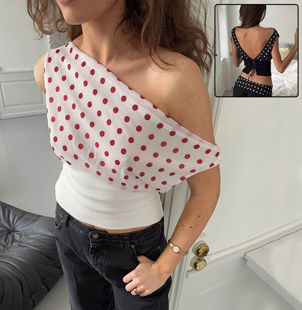 Polka Dots Print Oblique Shoulder Top Summer Patchwork Chiffon Crop Top Women Sexy Sleeveless Lace Up Backless