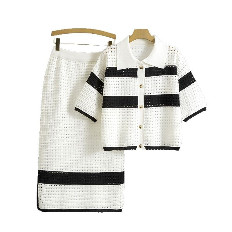 Knitted Short-sleeved Cardigan Midi Skirt Two-piece Set