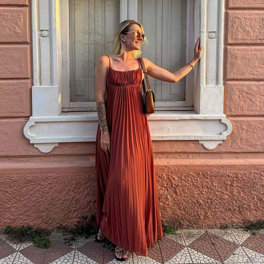 Vacation Spaghetti Straps Pleated Dress
