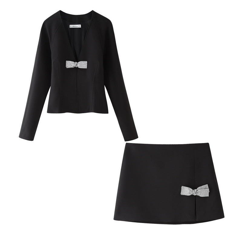 Summer Bow Slim Shirt Mini Skirt Set