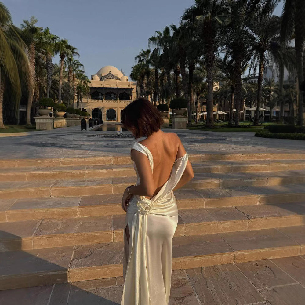 High Quality Satin Dignified Flowers Dress Split Dress