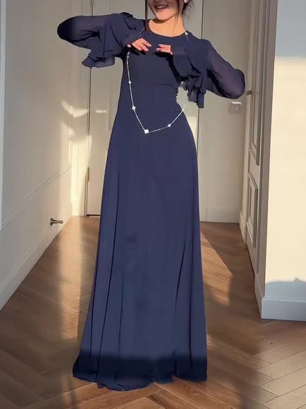 Navy Blue Trumpet Sleeve Tie Maxi Dress