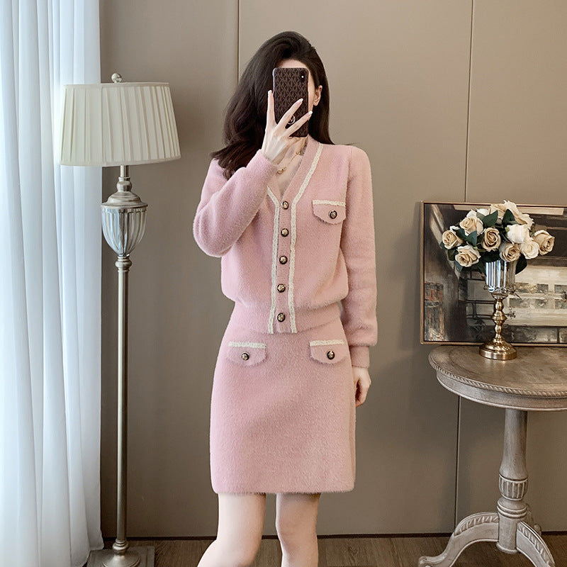 Cardigan Long Sleeve Knitted Two-piece Suit Skirt