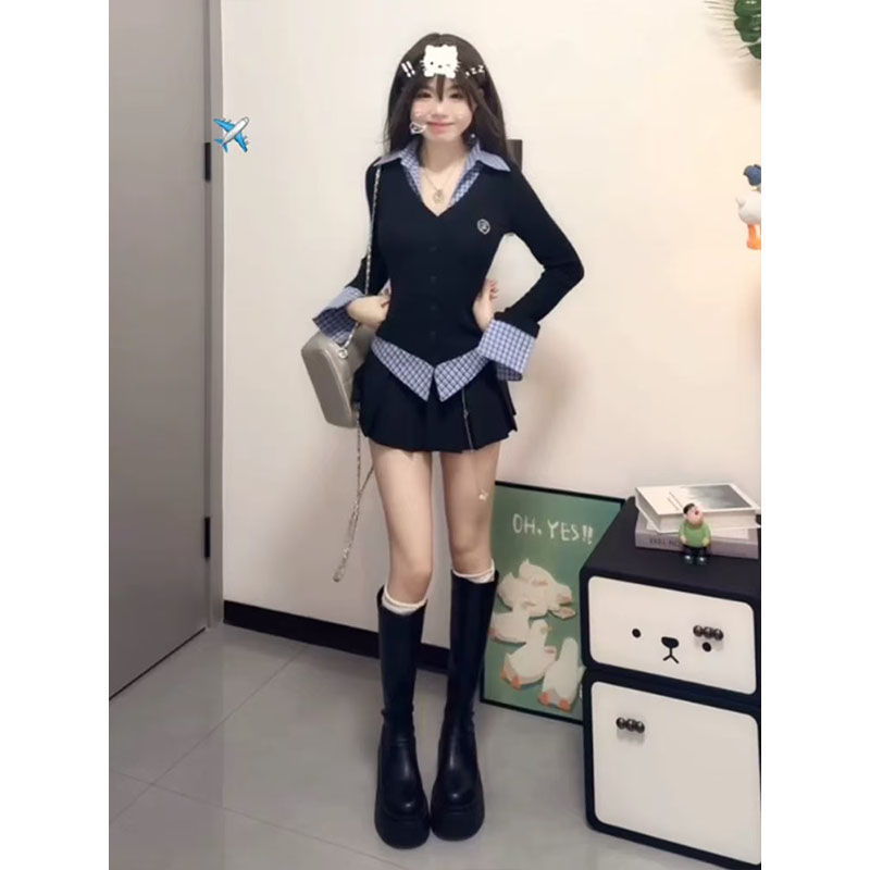 Fake Two-piece Plaid Long-sleeved T-shirt For Women