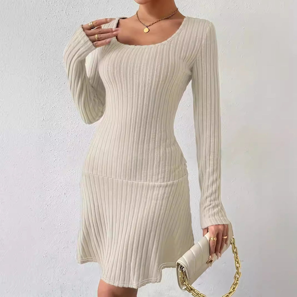 Fashion Solid Color Waist Tight Long Sleeve Dress