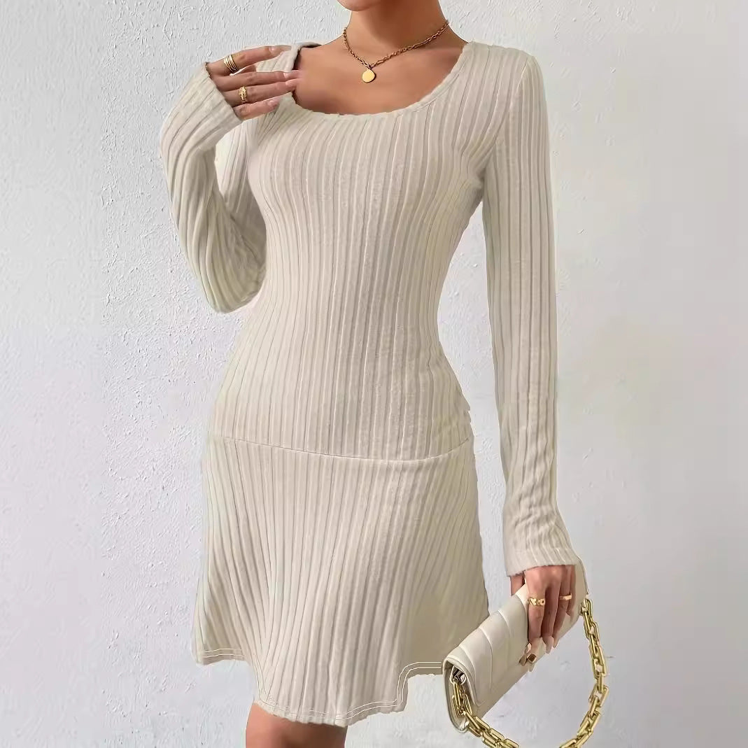 Fashion Solid Color Waist Tight Long Sleeve Dress