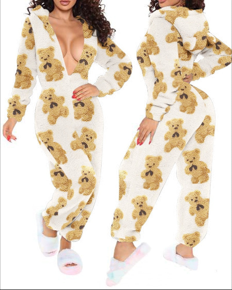 Long Sleeve Hooded Trousers Plush Homewear Pajamas Jumpsuit