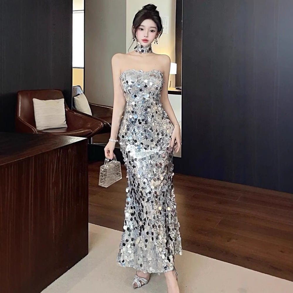 Sequin Engagement Evening Dress For Toasting High-end Light Luxury High-end Host Fishtail Strapless Dress