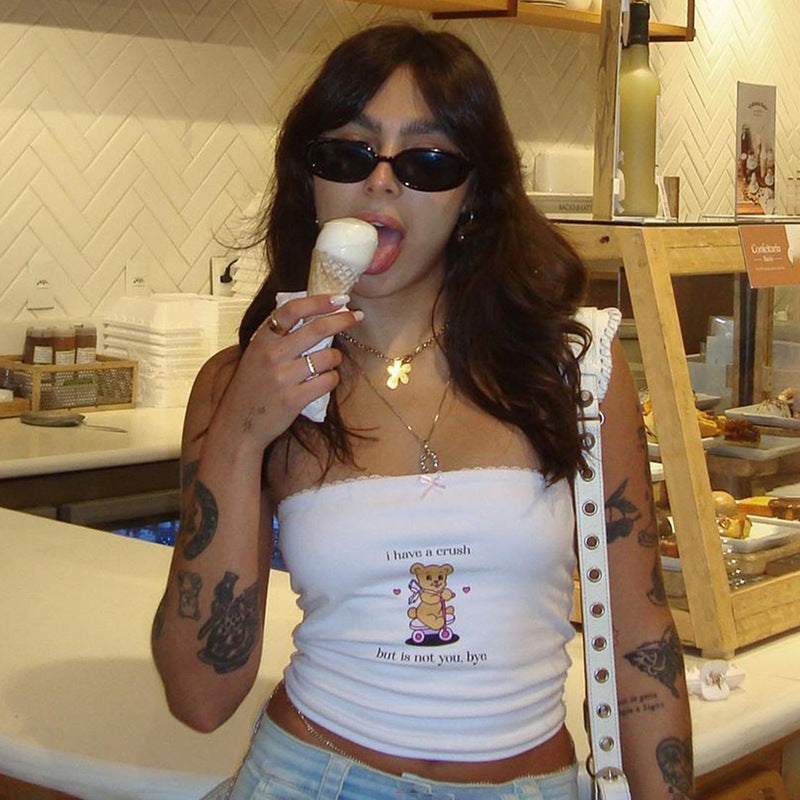 Women's Cute Fashion Bear Letter Print Bow Lace-collared Blouse