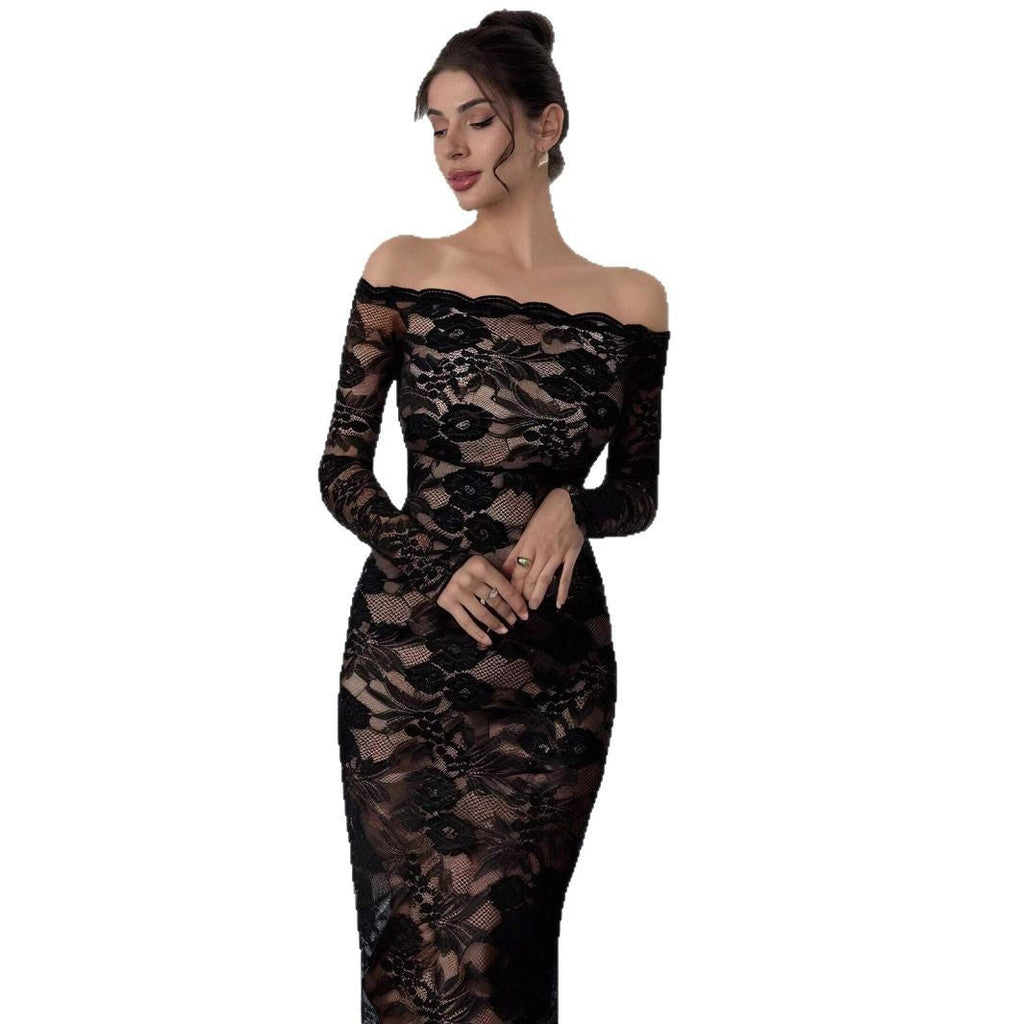 Ladies Sexy Black Strapless Lace Long Dress