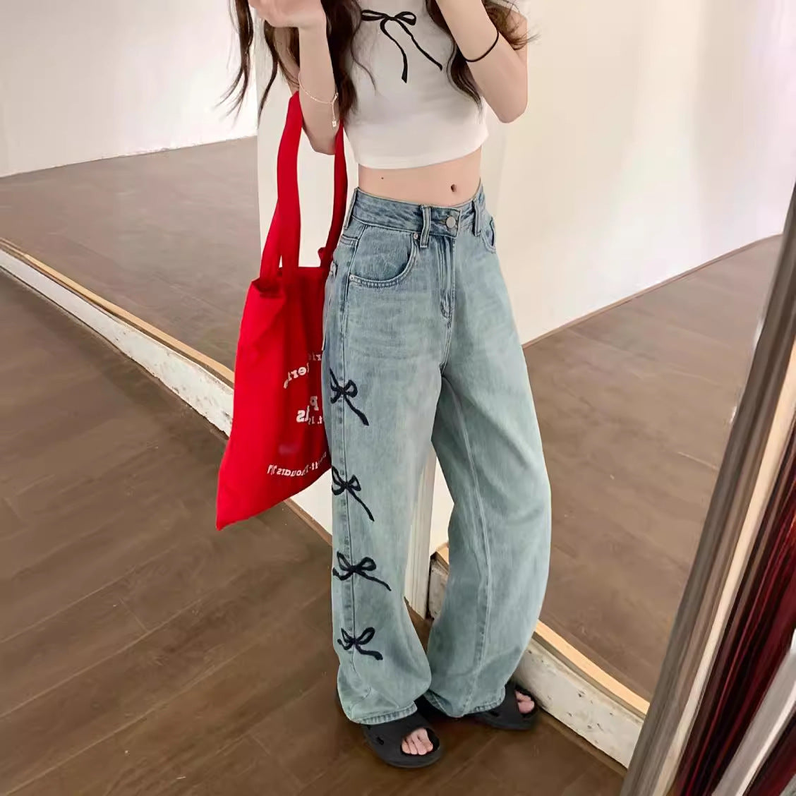 Women Butterfly Embroidered Jeans Wide-leg Pants