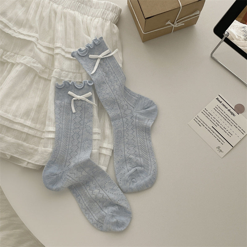 Thin Mesh Solid Color Bow Mid-calf Length Loose Socks Breathable Sweat Absorbing