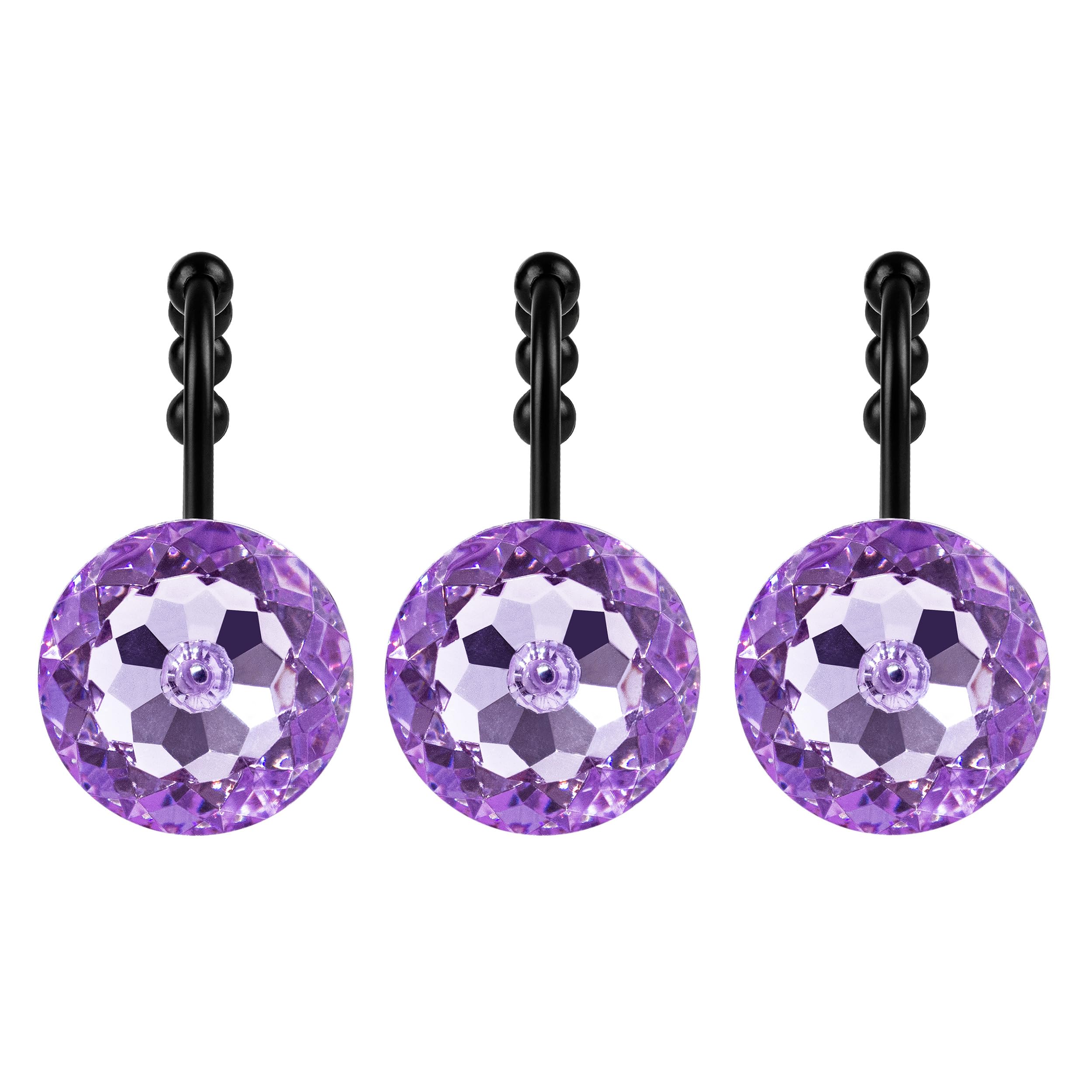 Luxury Design Round Diamond Crystal Gem Bling with Glide Balls Shower Curtain Hooks, Rust Proof Metal Rhinestones Glam Shower Curtain Rings-12 Pack