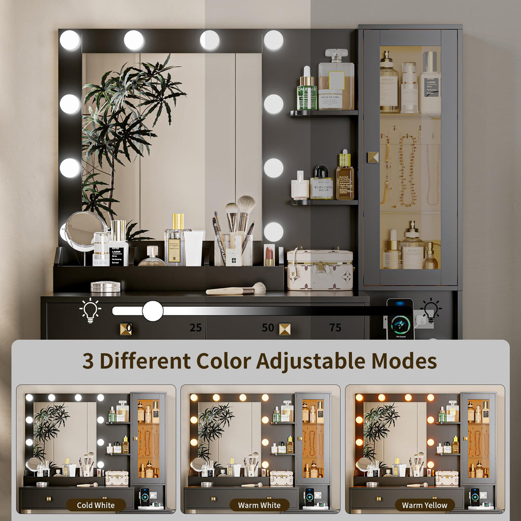 Vanity Desk with Mirror and Lights, Pink Makeup Vanity with 5 Drawers Hidden Jewelry Organizer& LED Glass Cabinet, 3 Lights Mode and Brightness Adjusted,Vanity Mirror with Lights Desk and Chair