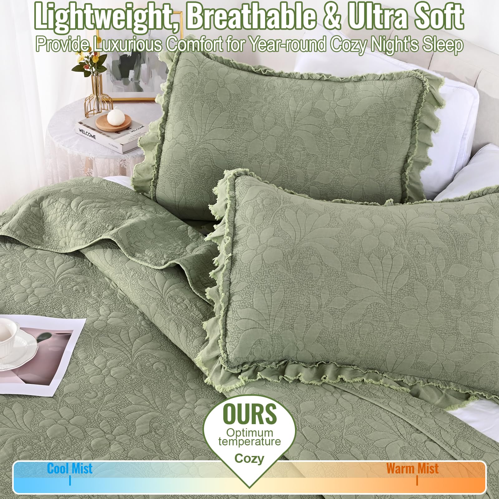 Ruffled Floral Quilts Soybean Fiber Filling Bedding Set 3 Piece, Stone-Washed Microfiber Shabby Chic Lightweight Soft Bedspread