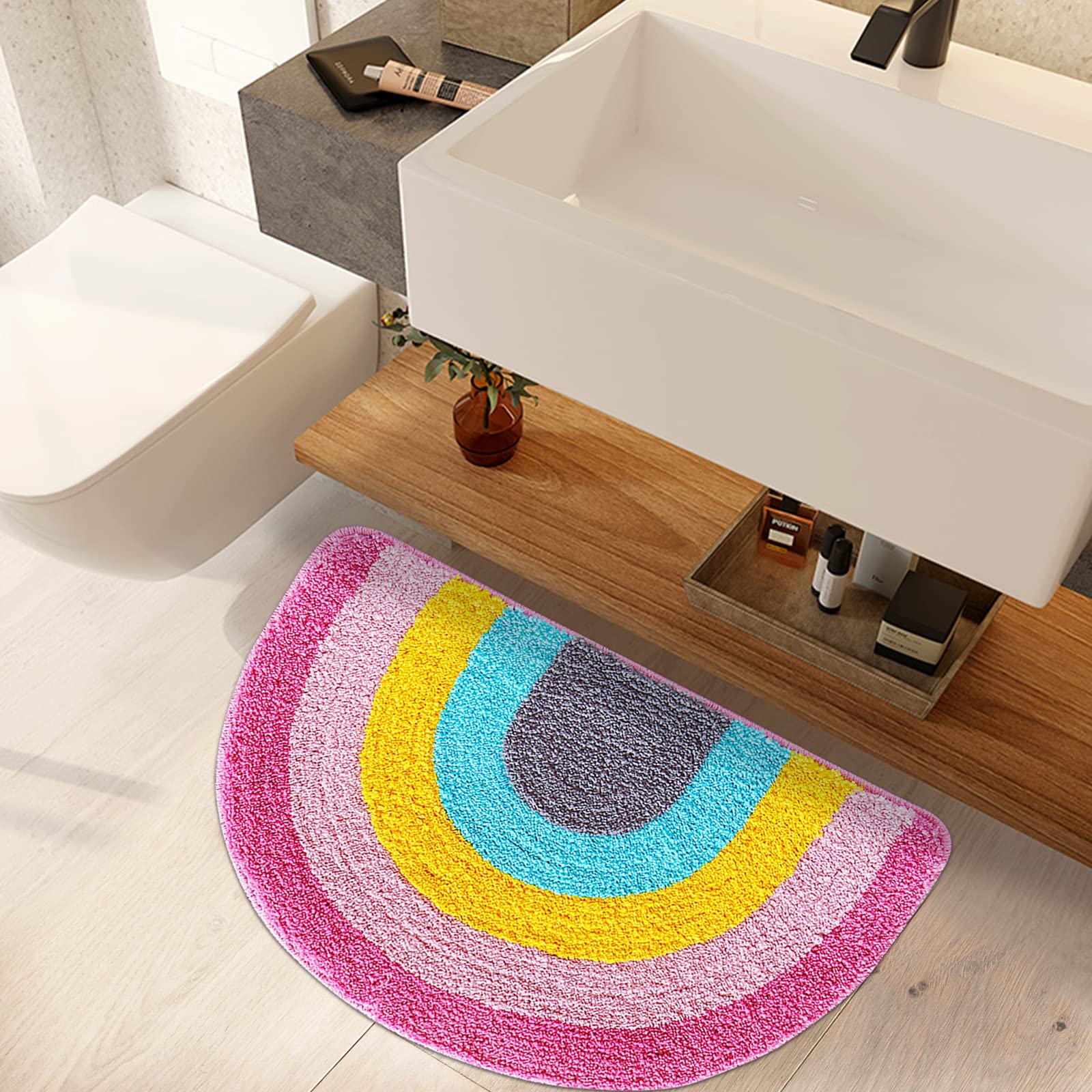 Rainbow Bathroom Rug Half Circle Bath Area Rug Doormat Rainbow Bath Mat Small Kids Room Throw Rug Water Absorbent Quick Dry 17.7"x27.6"