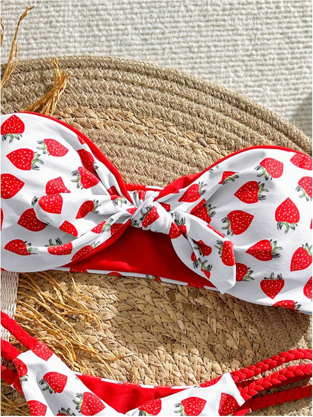 Women's Strapless Knot Front Bandeau Bikini Set Cheeky Thong Strawberry Print Swimsuit