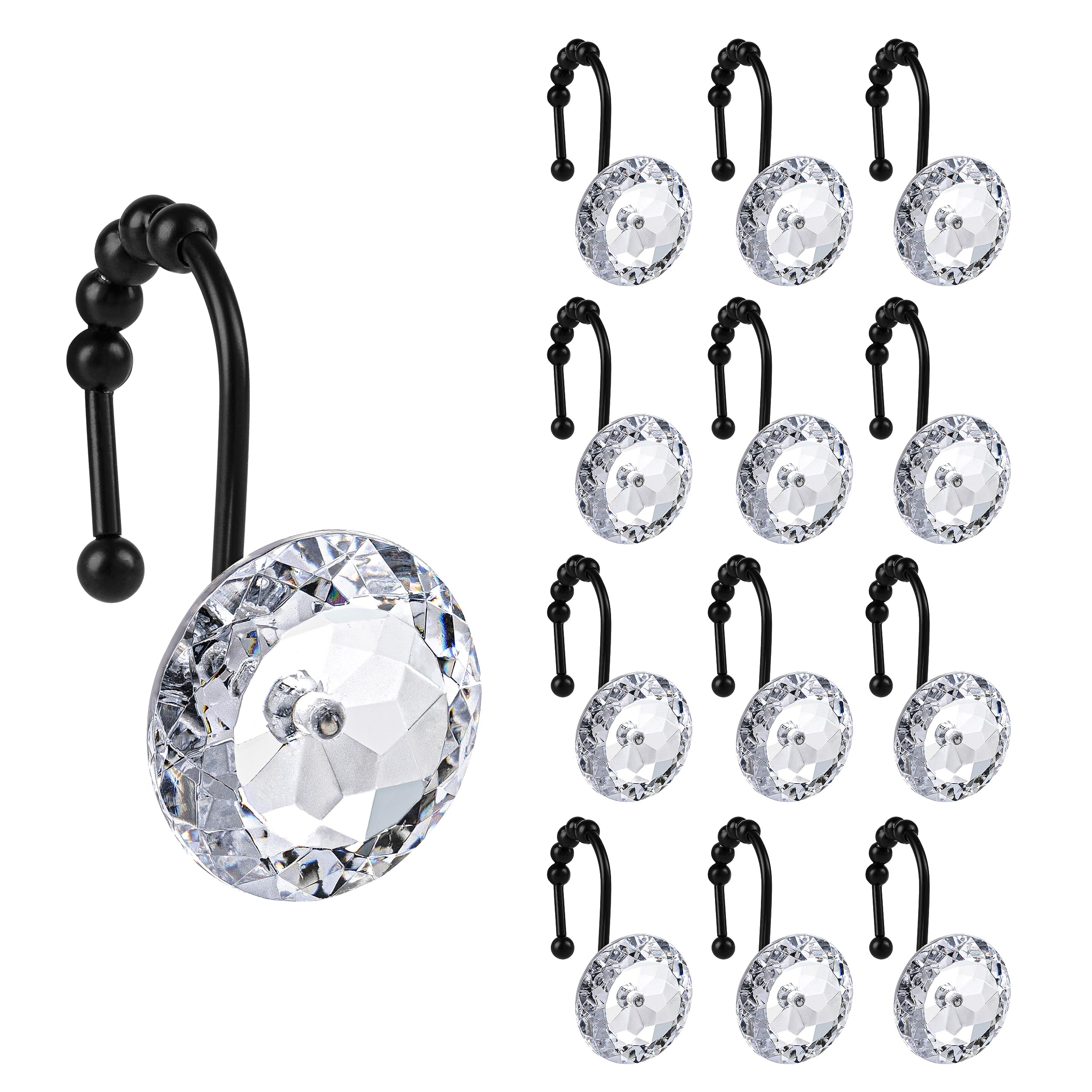 Luxury Design Round Diamond Crystal Gem Bling with Glide Balls Shower Curtain Hooks, Rust Proof Metal Rhinestones Glam Shower Curtain Rings-12 Pack