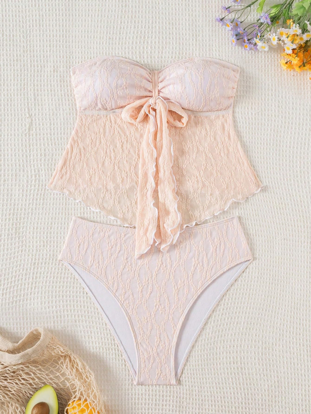 Women's Bandeau Tankini Swimsuit Asymmetrical Slit Bowknot String High Cut Fairyland Cheeky Bathing Suit