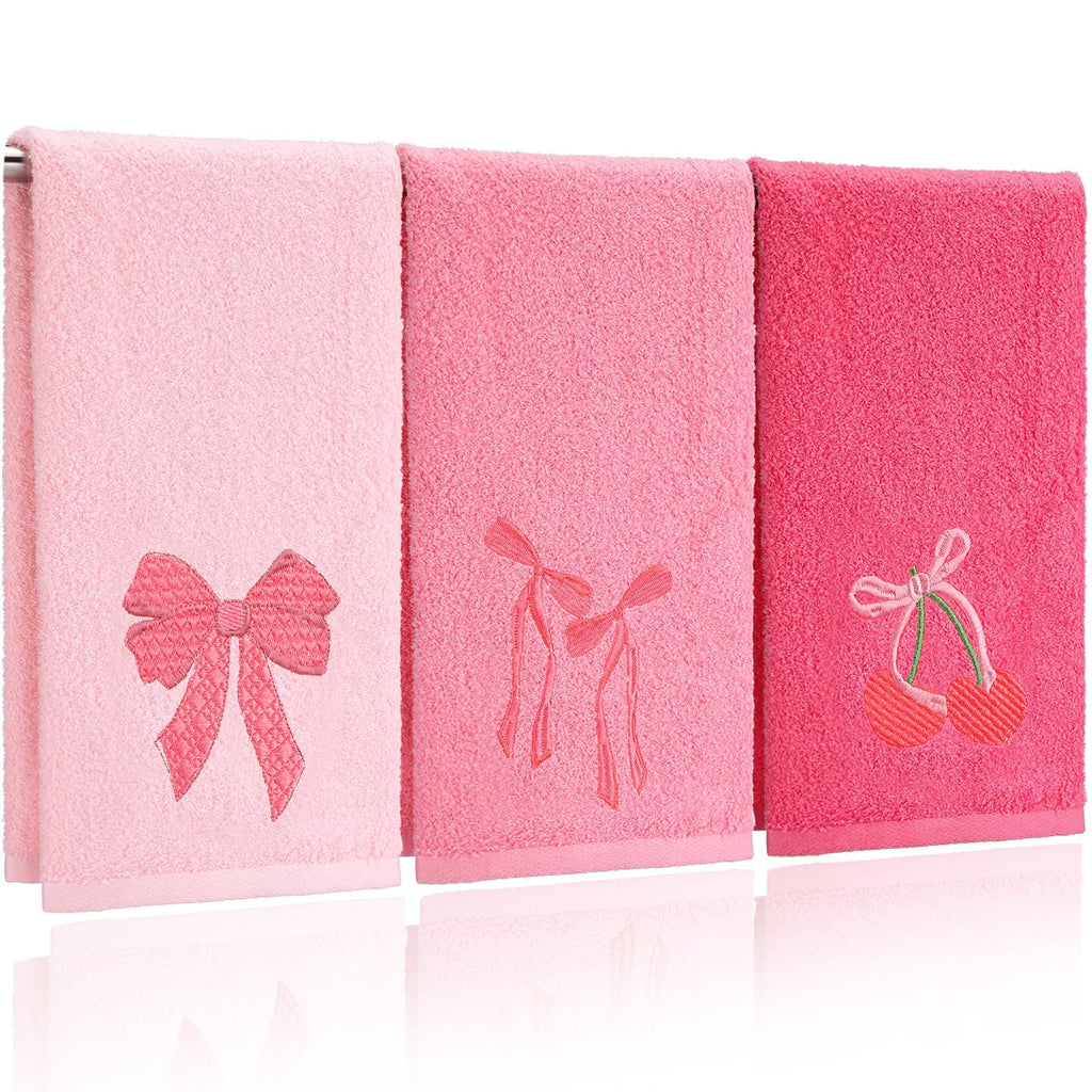Coquette Bow Embroidered Decorative Towel 100% Cotton Soft Absorbent Kitchen Facecloth Preppy Bathroom Decor 3 Pcs, 13.7 x 29.5''