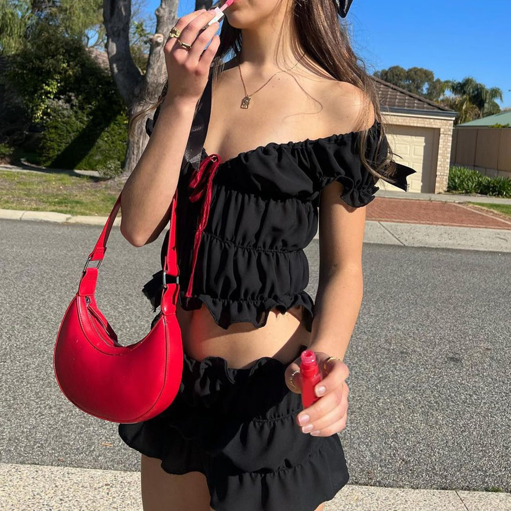 Cute 2 Piece Skirt Sets for Women Ruffle Short Sleeve Tie Up Crop Top & Elastic Waist Pleated Mini Skirt Set Y2K Outfit