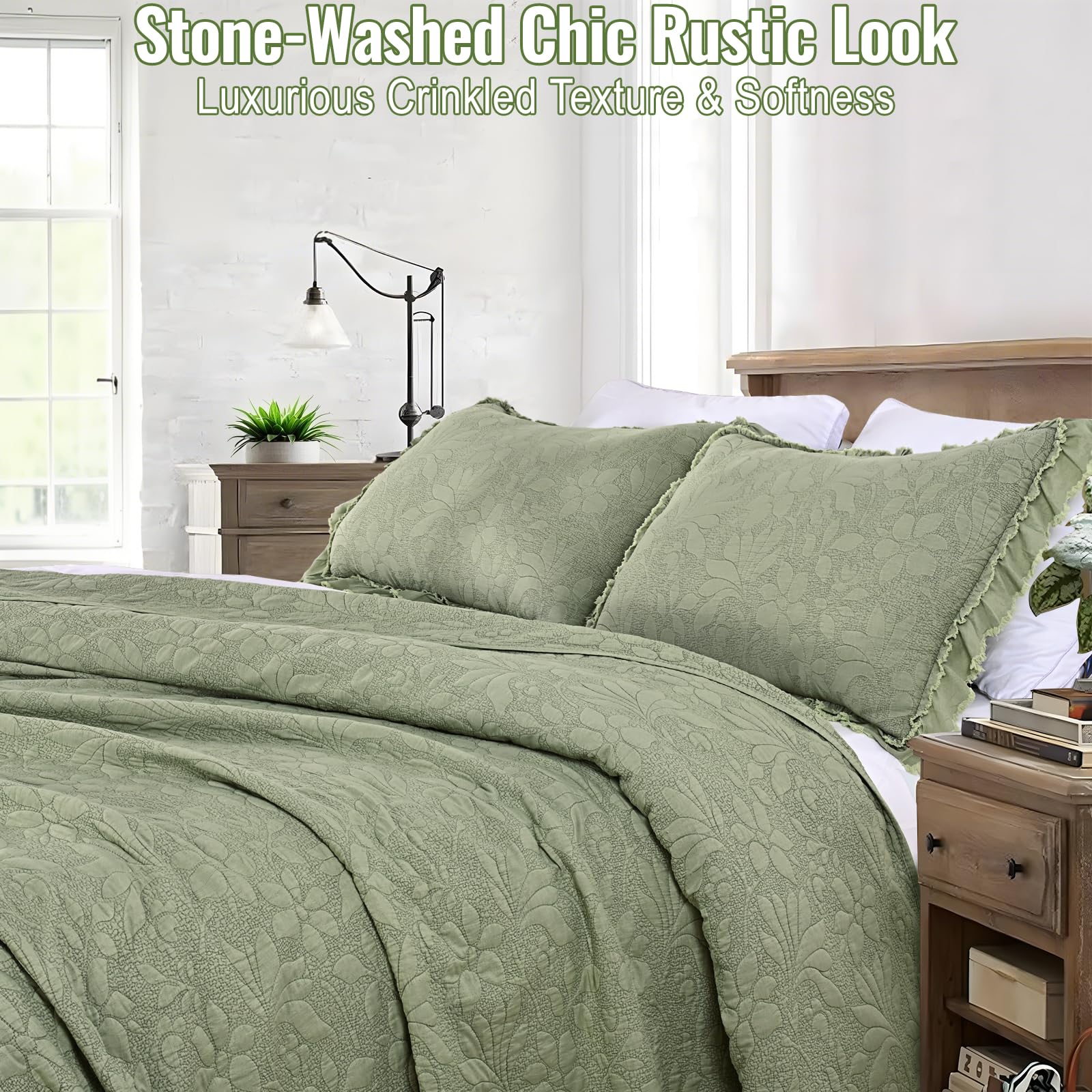 Ruffled Floral Quilts Soybean Fiber Filling Bedding Set 3 Piece, Stone-Washed Microfiber Shabby Chic Lightweight Soft Bedspread