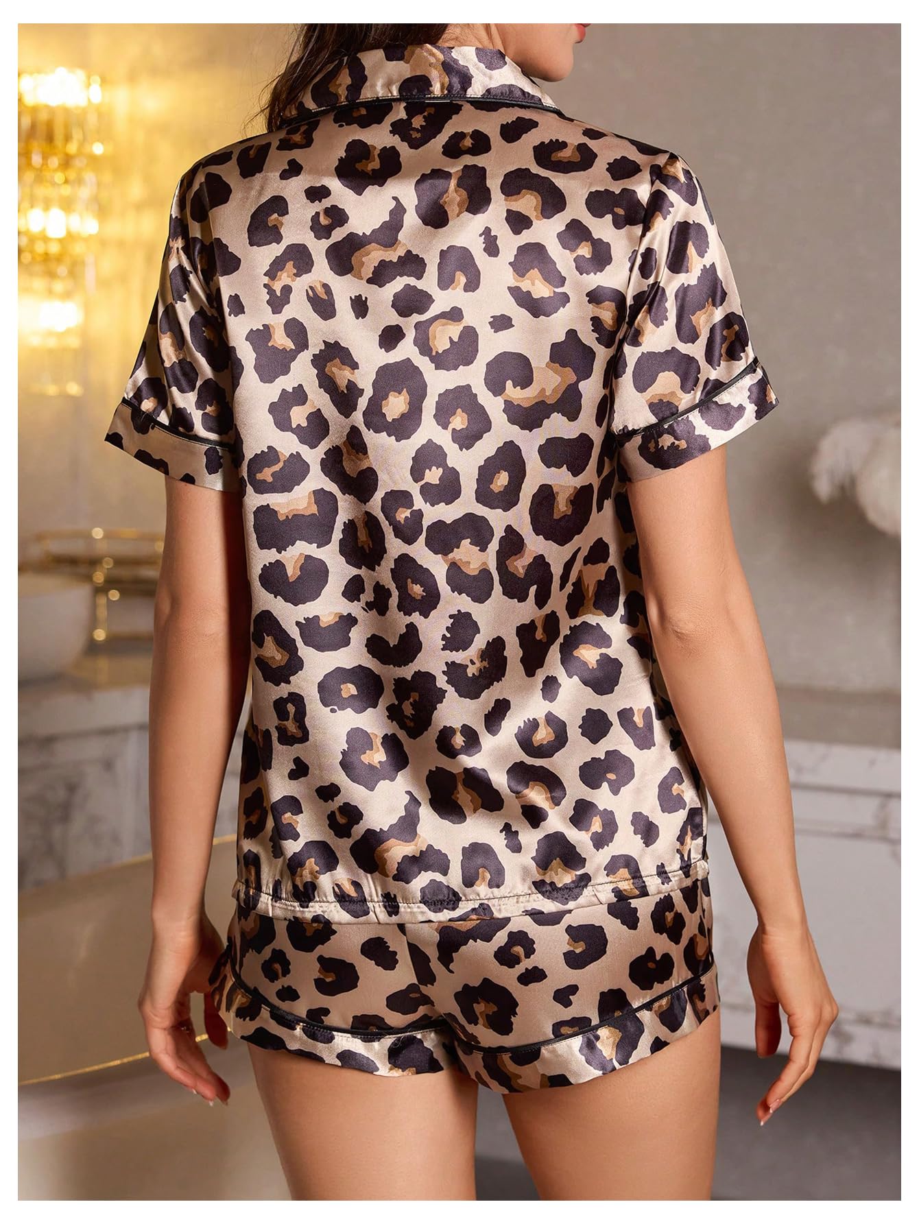 Women's Silk Satin Pajama Set Print Sleepwear Short Sleeve Button Down Pjs Shorts Cheetah Loungewear