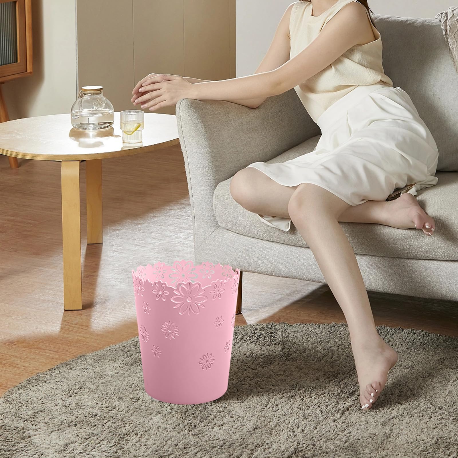 Mini Wastebasket Small Trashcan Room Decor Hollow Flower Shape Plastic Lidless Round Garbage Container Bin for Bathroom, Kitchen, Bedroom, Home Office, College Dormitory