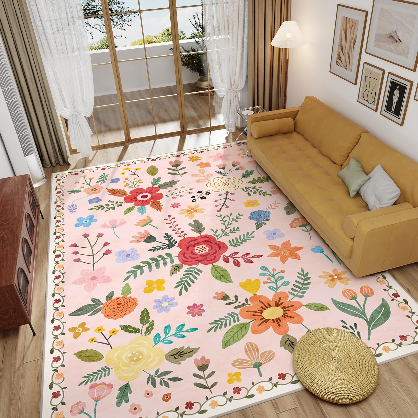 Washable Floral Rugs with Non Slip Backing, Stain Resistant, Floral Soft Low-Pile