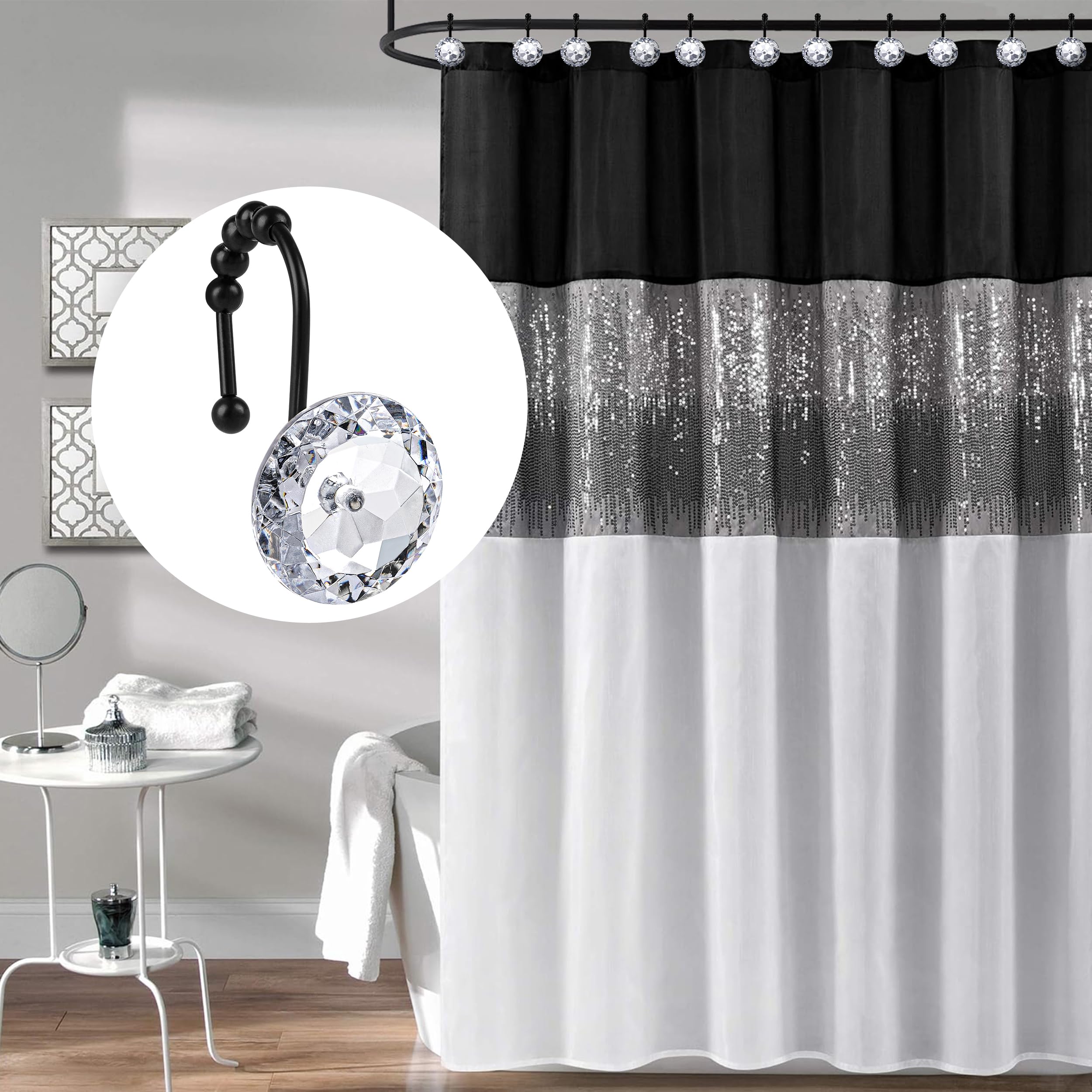 Luxury Design Round Diamond Crystal Gem Bling with Glide Balls Shower Curtain Hooks, Rust Proof Metal Rhinestones Glam Shower Curtain Rings-12 Pack