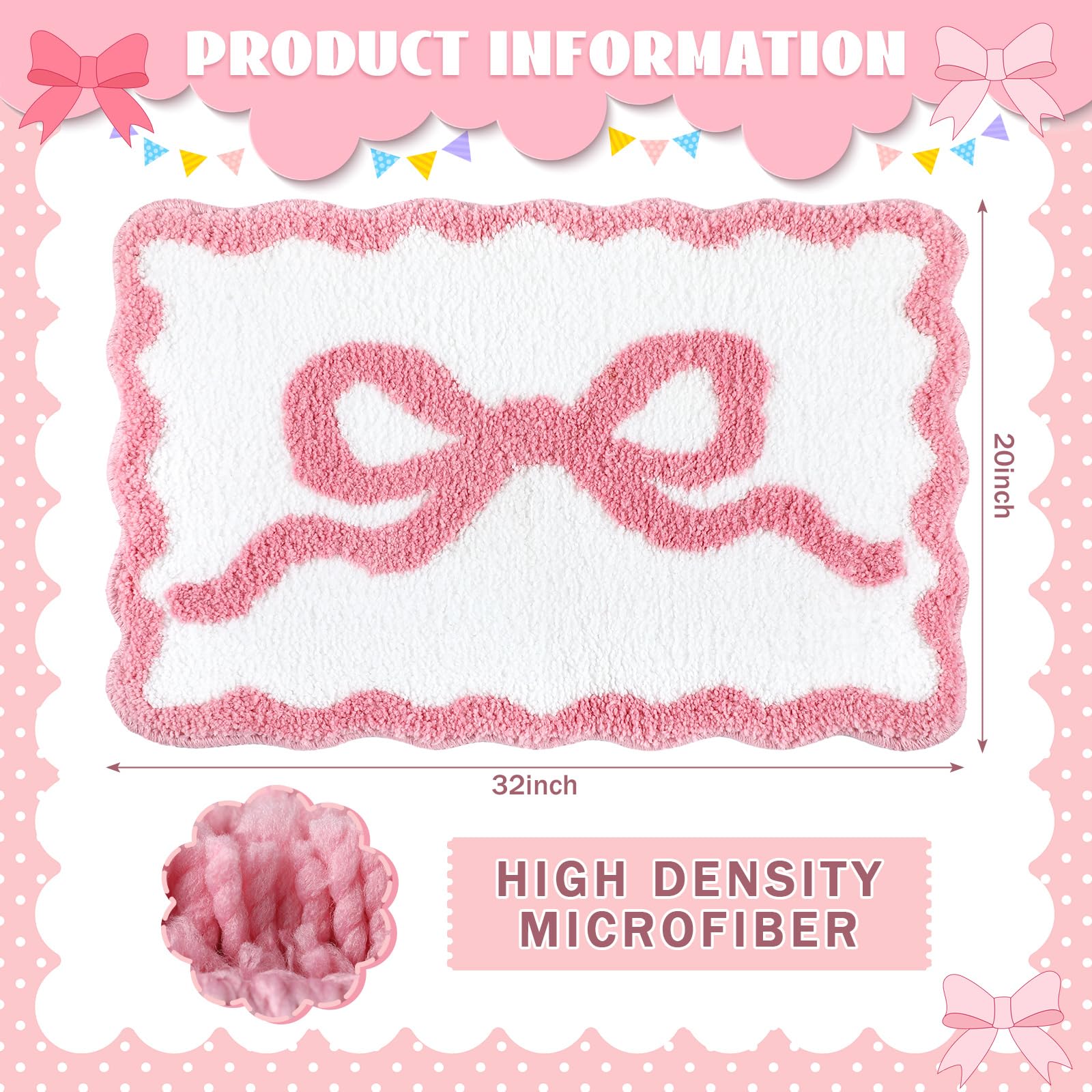 Scalloped Bow Bathroom Mat Non Slip Coquette Bow Rug Cute Aesthetic Scallop Carpet Preppy Room Decor Microfiber Absorbent Bath Rug for Bathroom Bathtub Shower Bedroom(Black,16" X 24")