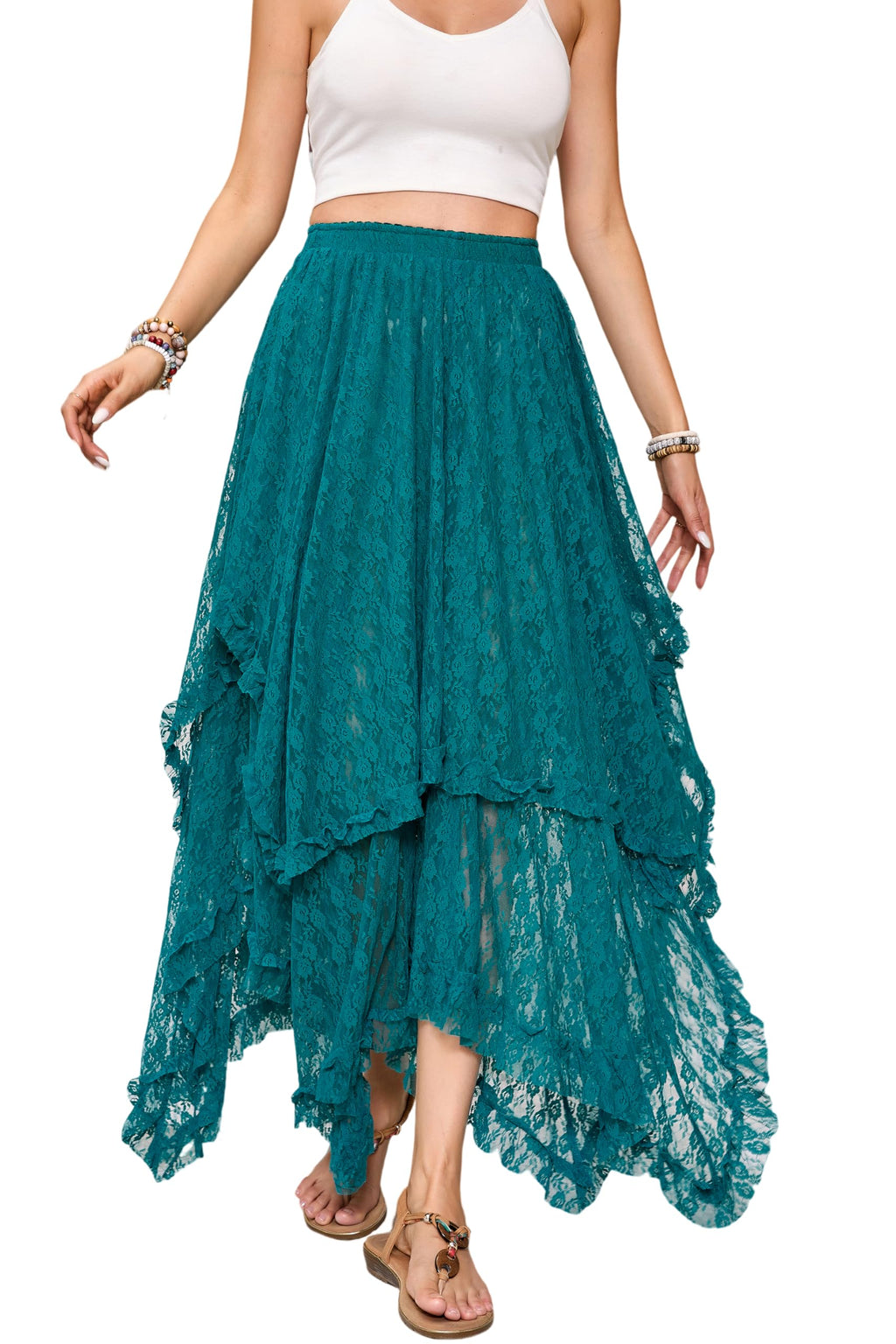 Women Lace Long Skirts Summer Elastic Asymmetrical Layered Hem Sexy See-Through Beach Floral Maxi Skirts