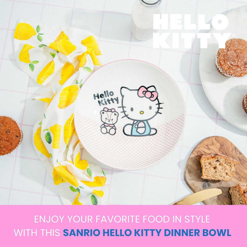 Sanrio Hello Kitty Pink Dots 9-Inch Ceramic Coupe Large Dinner Bowl For Serving Pasta, Salad, Cereal