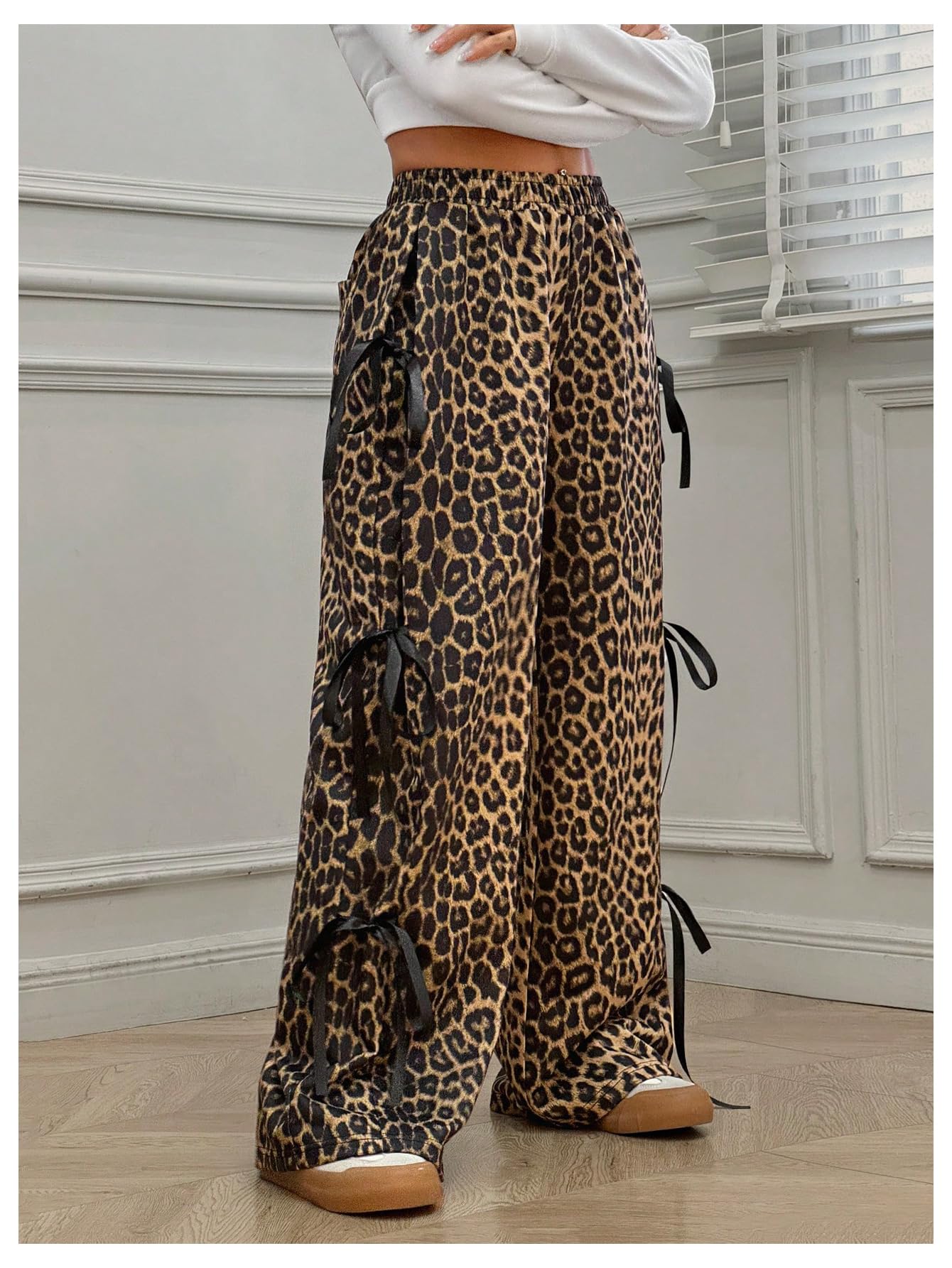 Women's Bow Wide Leg Sweatpants Elastic Waist Casual Baggy Pants with Pocket