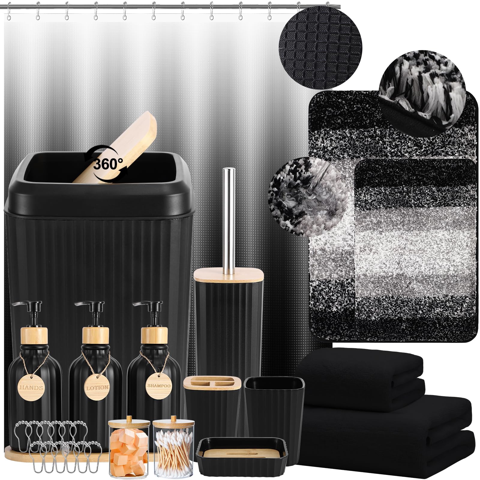 Simply Bathroom Accessories Set 17PCS Bathroom Set with Trash Can 3PCS Lotion Soap Dispenser, Toothbrush Holder, Soap Dish,Tumbler Cup, 6PCS Wood Tags Bath Accessories with Tray for Kitchen Bathroom