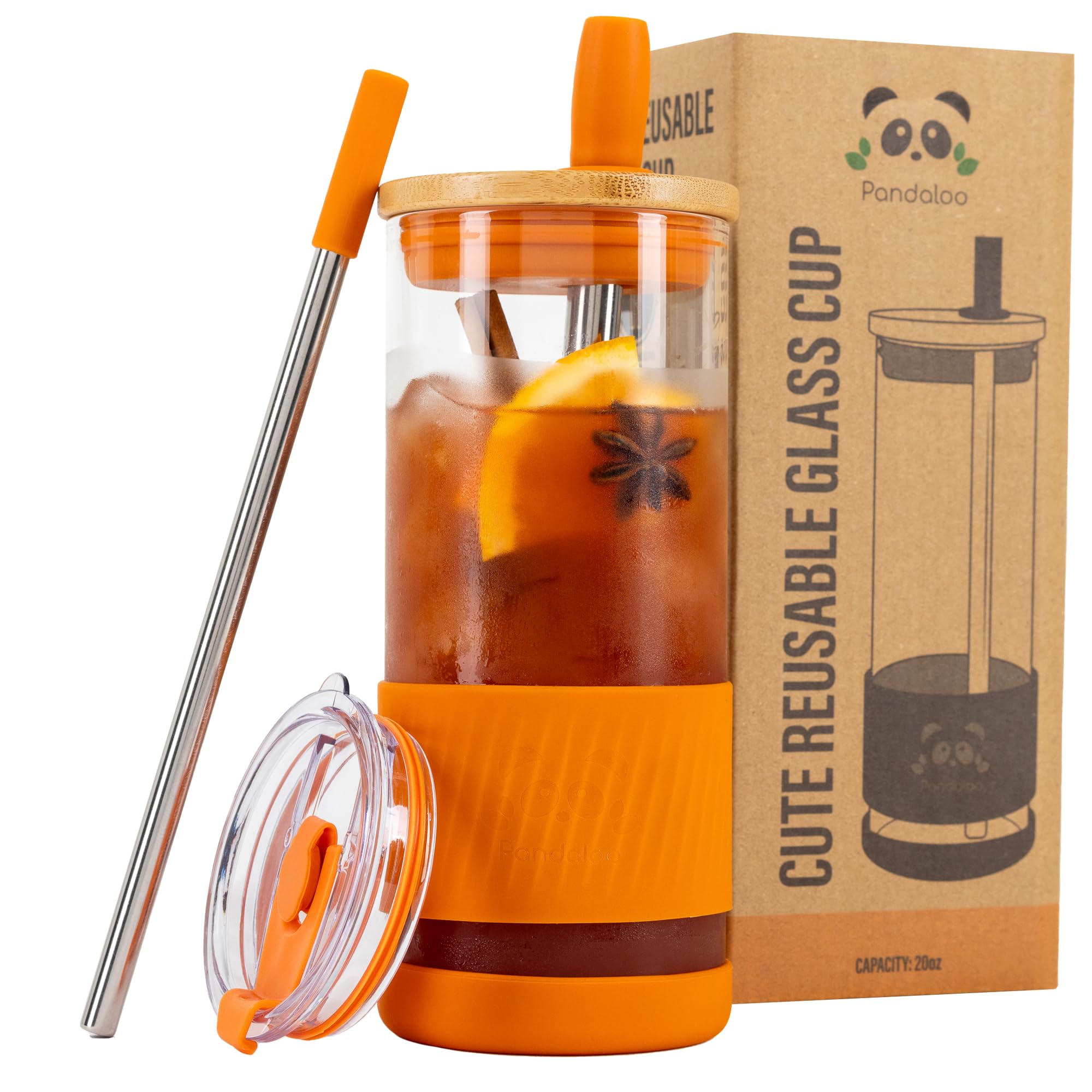 Pandaloo® Glass Cups With Lids and Straws -20 Fl Oz- Perfect Size Iced Coffee Cup - Smoothie Cup With Bamboo Lid and On the go Lid - Glass Tumbler With Straw