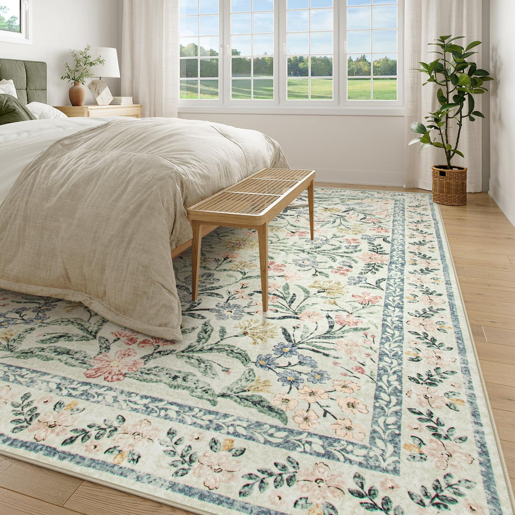 Machine Washable Boho Soft Floral Carpet Non Slip, Indoor Ultra-Thin Floor Carpet for Kid Room Living Room Dorm